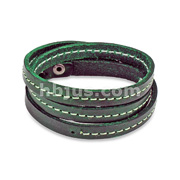 Green Leather Triple Wrap Bracelet with Stitched Center Design
