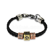 Black Leather Braided Double Strings Bracelet with Celtic Cross & Scaled Steel Charm