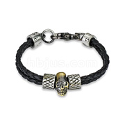 Black Leather Braided Bracelet with Steel Skull and Scaled Charms