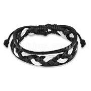 Black & White Leather Bracelet with Double Strings Weaved Center 