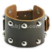 Brown Leather Wide Multi-Dome Studs Bracelet with Adjustable Buckle 