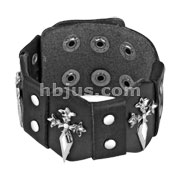 Black Leather Bracelet with 3 Steel Royal Dagger Crosses with Adjustable Snap Closure