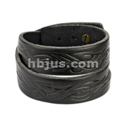Black Leather Double Wrap Bracelet with Tidal Wave Tribal Design