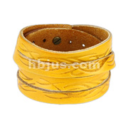 Yellow Leather Double Wrap Bracelet with Tidal Wave Tribal Design