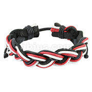 Black Leather Bracelet with Double Weaved Micro Braided Red & White Stripes