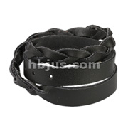 Black Leather Double Wrap Weaved Strip Bracelet