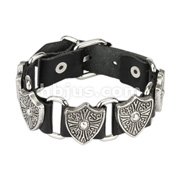 Black Leather Chain Link Bracelet with Royal Shields