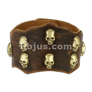 Brown Leather Bracelet with Multi Death Skull Studs