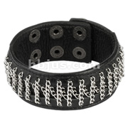 Black Leather Bracelet with ZigZag Chain Links Center