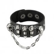 Black Leather Bracelet with Chained Skulls and Three Bullets
