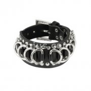 Black Leather Bracelet with Multi D-Rings and Studded Balls
