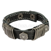 Black Leather Bracelet with Multi Stapler Rings with Hexa Bolts