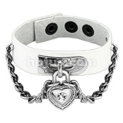 White Leather Bracelet with Chain Linked CZ Heart Lock Charm