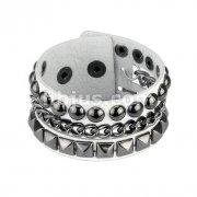 White Leather Bracelet with Pyramid & Ball Studs with Chain Links Center