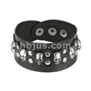 Black Leather Bracelet with Multi Skulls and Round Studs with Spike Center Design