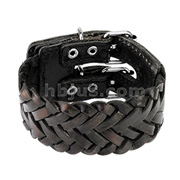Black Leather Triple Weaved Bracelet with Adjustable Buckle End Closure