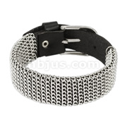 Black Leather Bracelet with Chain Links Wrap All Around