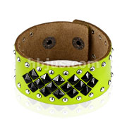 Green Leather Multi Pyramid and Round Studs Bracelet with Adjustable Snap Closure