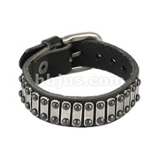 Black Leather Bracelet with Multi Studded Plates