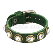 Green Leather Bracelet with 6 CZ Stud Antique Charms