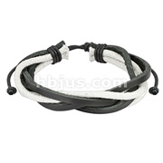 Black Leather Bracelet with Entangled White Micro Braided Strips