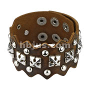 Brown Leather Square Pyramid Cross and Round Studs Bracelet with Adjustable Snap Closure