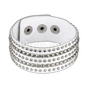 White Leather Multi Micro Pyramid & Round Studs Bracelet with Adjustable Snap Closure