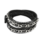 Black Leather Double Wrap Bracelet with Chain Links