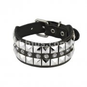 Black Leather Bracelet with Multi Row Pyramid and CZ Studs