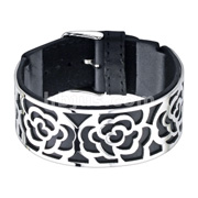 Black Leather Bracelet with Steel Rose Flower Cutout Plate