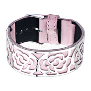 Pink Leather Bracelet with Steel Rose Flower Cutout Plate