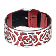 Red Leather Bracelet with Steel Rose Flower Cutout Plate