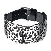 Black Leather Bracelet with Steel Flower Cutout Plate 