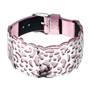 Pink Leather Bracelet with Steel Flower Cutout Plate 