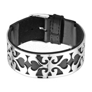 Black Leather Bracelet with Steel Heart Vine Cutout Plate