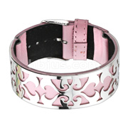 Pink Leather Bracelet with Steel Heart Vine Cutout Plate