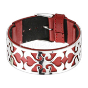 Red Leather Bracelet with Steel Heart Vine Cutout Plate