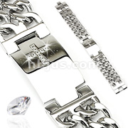 316L Stainless Steel Bracelet with Gem Paved Cross Plate & Double Chains on Each Side