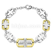 Stainless Steel Oval with Cross Dual Tone Link Bracelet with Paved Gems
