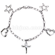 316L Stainless Steel Link Bracelet with Cross, Stars, and Hearts Charms
