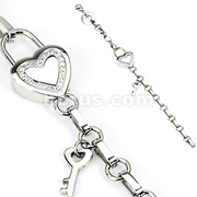 316L Stainless Steel Link Bracelet with Paved Gems Heart Lock and Key Charms