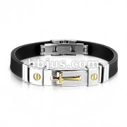 316L Stainless Steel Gold Plated Cross ID Plate Rubber Bracelet