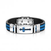 316L Stainless Steel Medieval Cross ID Plate 2-Tone Maze Rubber Bracelet