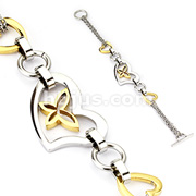 316L Stainless Steel Multi Chain Links Bracelet with Gold IP Butterfly in Heart