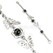 316L Stainless Steel Round Chain Link Bracelet with Flower with Black IP Steel Beads and 3D Butterflies