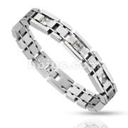 Stainless Steel Square Cut CZ Paved Center Link Bracelet
