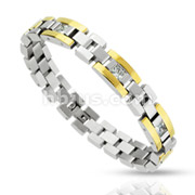 Stainless Steel Duo Tone Gold IP with Square Cut CZ Centered Link Bracelet