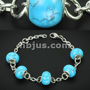 Turquoise Stone Beads 316L Steel Chain Links Bracelet