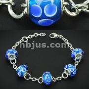Blue Murano Pandora Circle Glass Beads 316L Steel Chain Links Bracelet