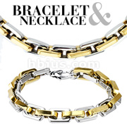 316L Stainless Steel Duo Tone Gold IP Square Chain Link Bracelet & Necklace Combo Set